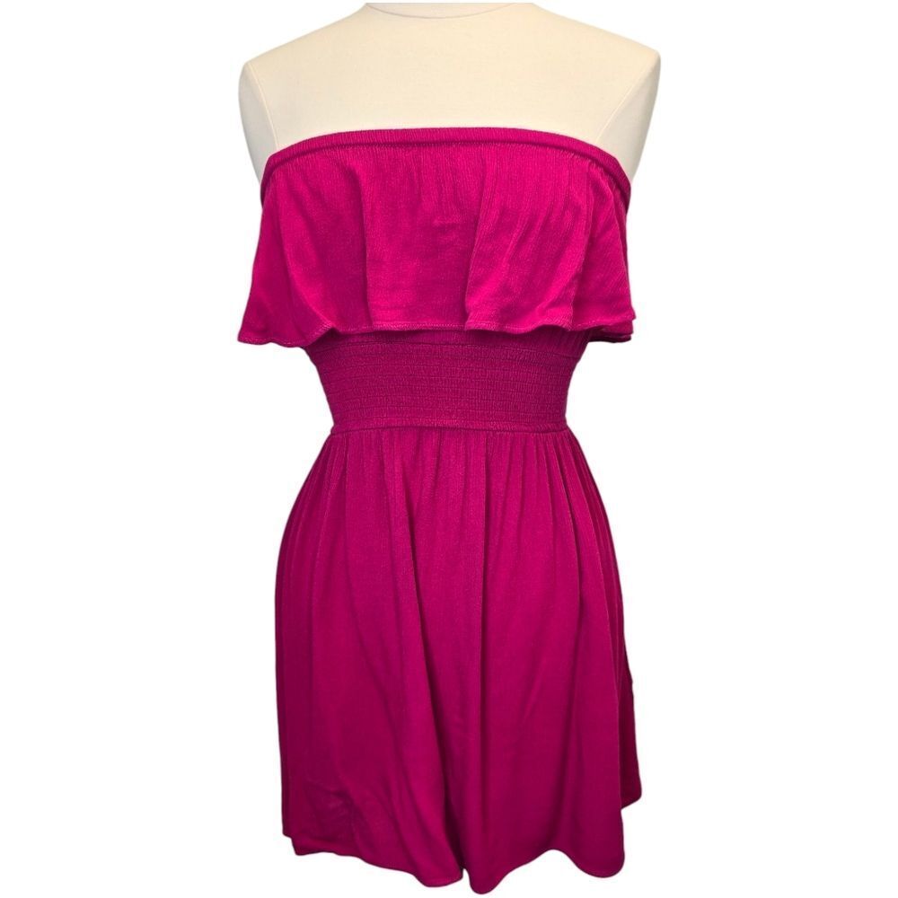Express Women's S Strapless Elastic Waist Flowy Mini Dress Summer Magenta Pink